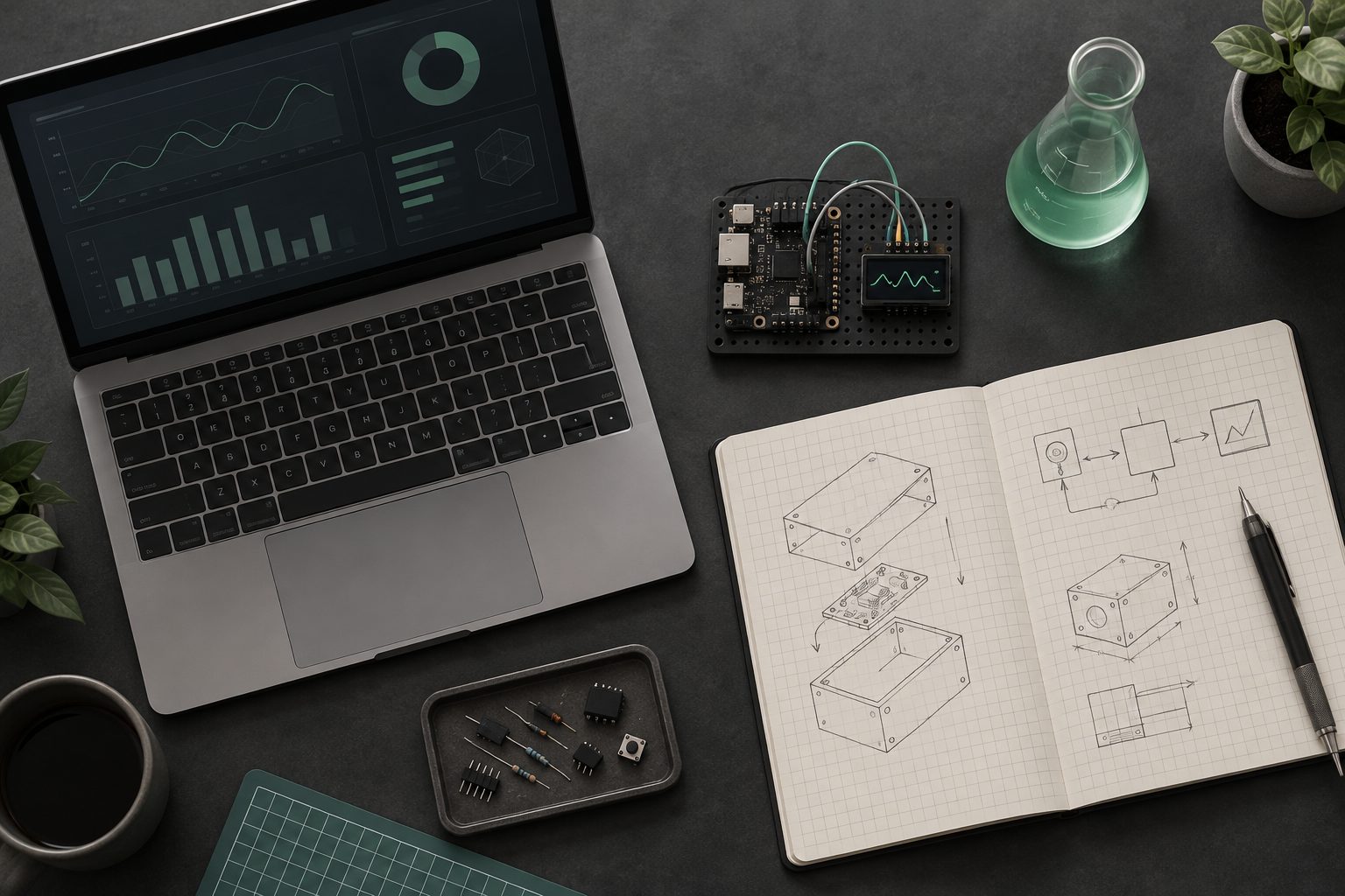 Bancada de trabalho com computador, placa eletrônica de protótipo, caderno quadriculado e frasco de laboratório
