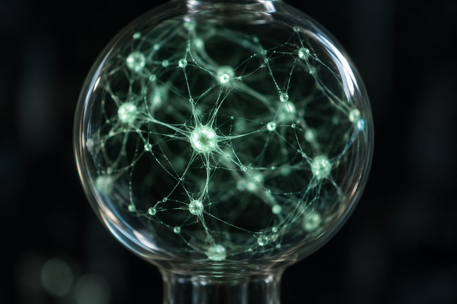 Esfera de vidro de laboratório com filamentos verdes luminosos ligando pontos, como uma rede